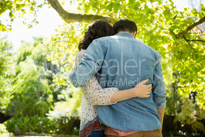 Couple embracing each other in garden on a sunny day