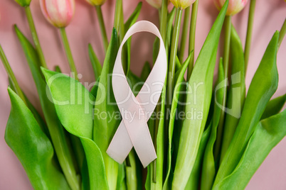 Close-up of Breast Cancer Awareness ribbon on tulip flowers