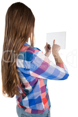 Girl using a glass digital tablet against white background