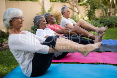 Dedicated senior friends doing stretching exercise