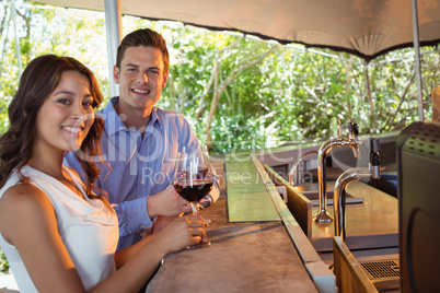 Portrait of couple having a glass of red wine at counter