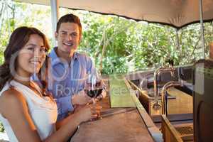 Portrait of couple having a glass of red wine at counter