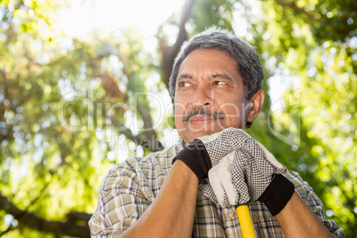 Senior man standing in garden on a sunny day