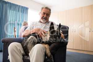 Low angle view of senior man stroking puppy while sitting on armchair