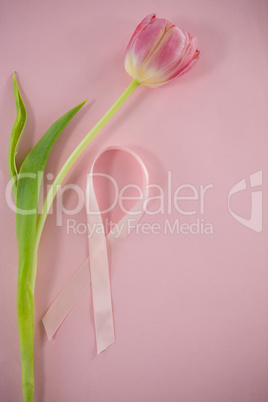 Overhead view of Breast Cancer Awareness ribbon on tulip