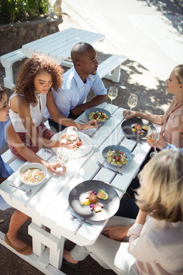 Happy friends interacting with each other while having meal