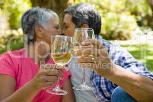 Senior couple kissing while drinking wine