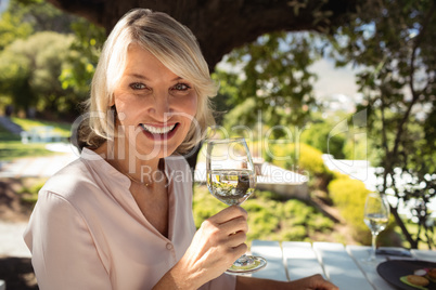 Smiling woman having glass of champagne at restaurant