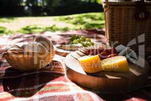 Bun, cheese, cracker biscuit on picnic blanket