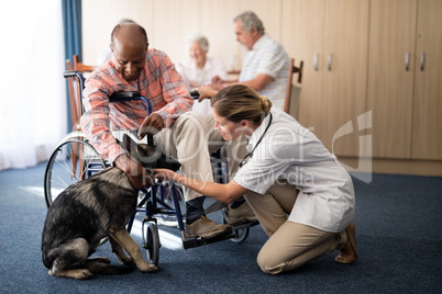Female doctor kneeling by disabled senior man stroking puppy