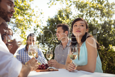 Group of friends interacting with each other while having champagne