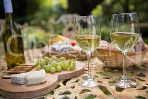 Glass of wine with cheese and grapes on table