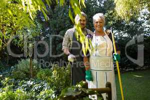 Senior couple standing in garden on a sunny day