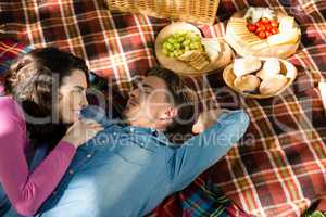 Couple lying on picnic blanket in park