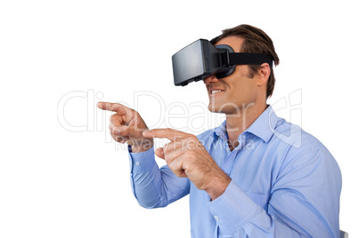 Smiling businessman with gestures using vr glasses