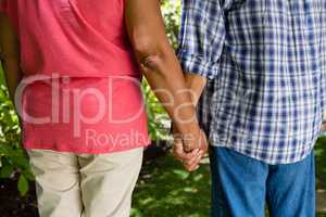 Mid-section of senior couple holding hands