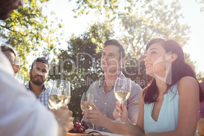 Group of friends interacting with each other while having champagne