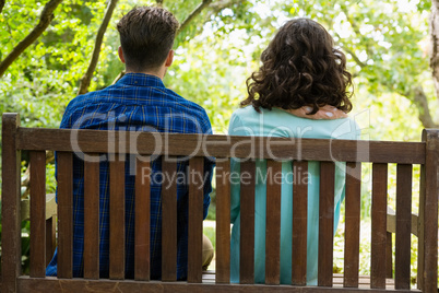 Rear view of couple sitting on bench in garden