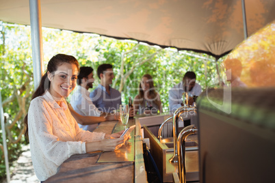 Smiling woman using mobile phone while having a glass of champagne in restaurant Smiling woman using mobile phone while having a glass of champagne in restaurant