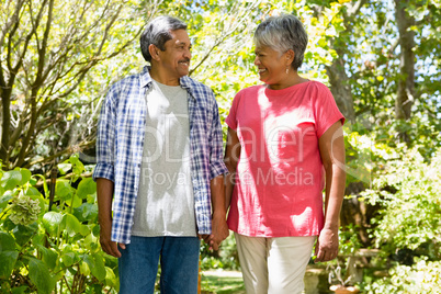 Senior couple holding hands in garden