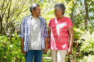 Senior couple holding hands in garden