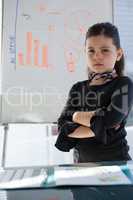 Portrait of businesswoman with arms crossed standing by whiteboard