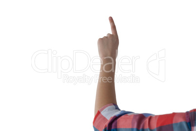 Girl pressing an invisible virtual screen against white background