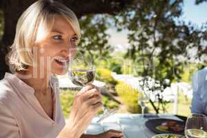 Woman having glass of champagne at restaurant