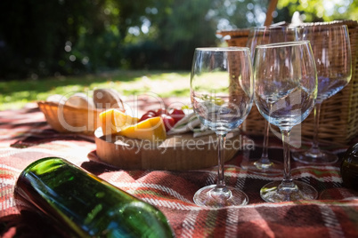 Wine glass and food on picnic blanket