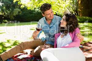 Romantic couple having glass of wine in park