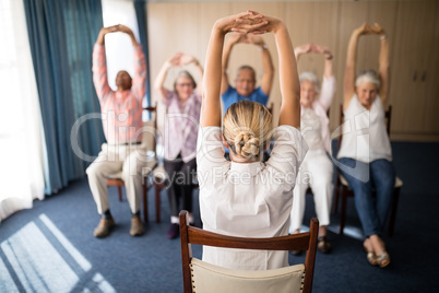 Rear view of female doctor exercising with senior people