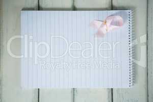 Overhead view of pink Breast Cancer Awareness ribbon and spiral notepad