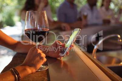 Hand of woman using mobile phone while having a glass of wine