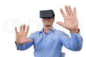 Smiling businessman sitting chair while wearing vr glasses