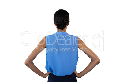 Rear view of businesswoman with hand on hip