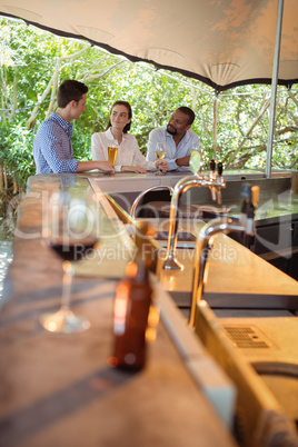 Friends interacting while having a alcohol at counter