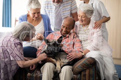 Senior people and doctor playing with dog