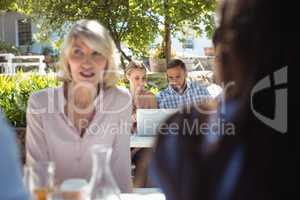 Friends using laptop in restaurant