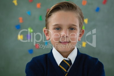 Smiling schoolboy standing against chalkboard