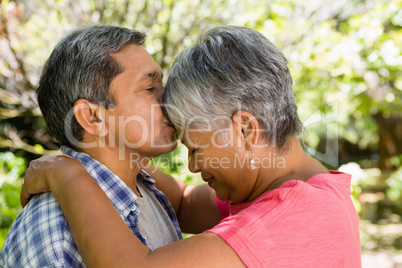 Senior man kissing woman on forehead in garden