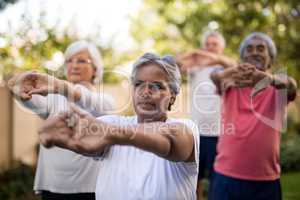 Senior friends stretching arms while exercising