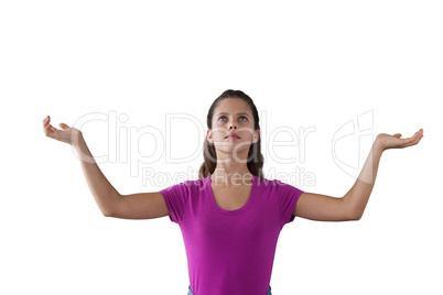 Girl standing with hands raised