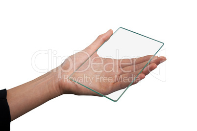 Cropped hand on businesswoman holding glass interface