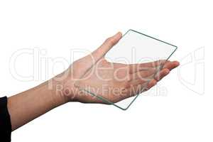 Cropped hand on businesswoman holding glass interface