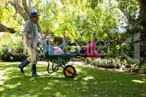 Senior man giving woman ride in wheelbarrow