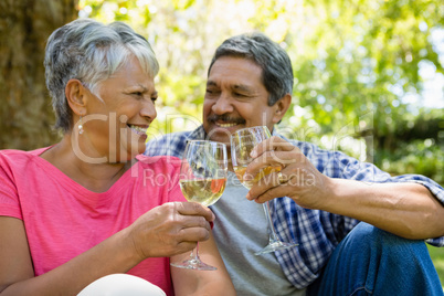 Senior man feeding grapes to woman