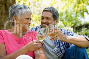 Senior man feeding grapes to woman