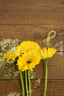 Overhead view of yellow Sarcoma Awareness ribbon by flowers
