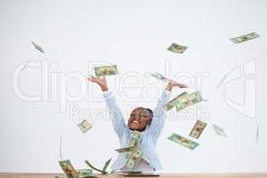 Happy businesswoman with arms raised throwing paper currency