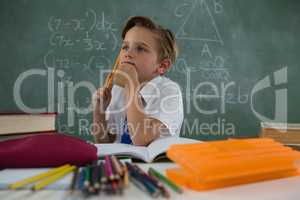 Schoolboy doing his homework in classroom